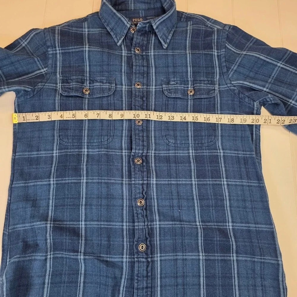 Polo Ralph Lauren Men's M Heavyweight Blue Plaid‎ Work Shirt Elbow Patches